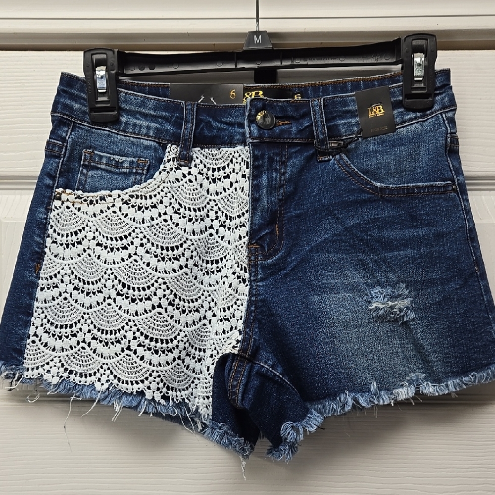 Lucky & Blessed Blue and White Jean Shorts with Lace Overlay